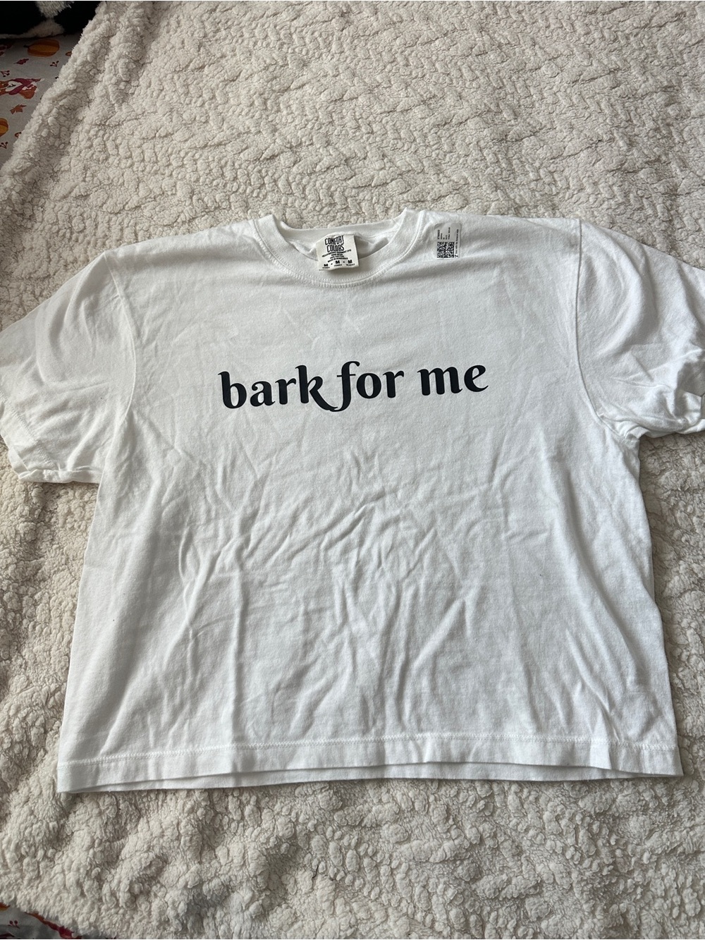 Comfort Colors White cotton graphic t-shirt with black text reading bark for me